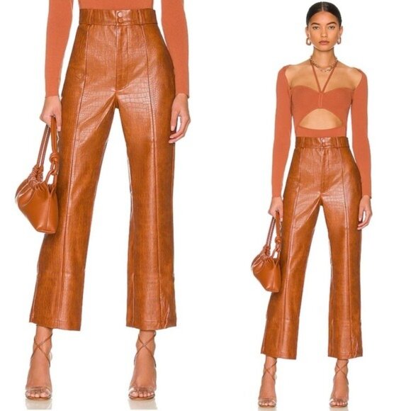 NWT Bardot Croc Vegan Leather Pant 4 Tan S High Waisted Wide Leg - Picture 1 of 11